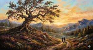 Oil painting, impasto brushwork, twilight sky of indigo and amber, a gnarled tree heavy with red-gold fruit on a hill, two tiny silhouetted figures walking away into shadow, melancholic and mythic mood, in the style of Romantic landscape painting.